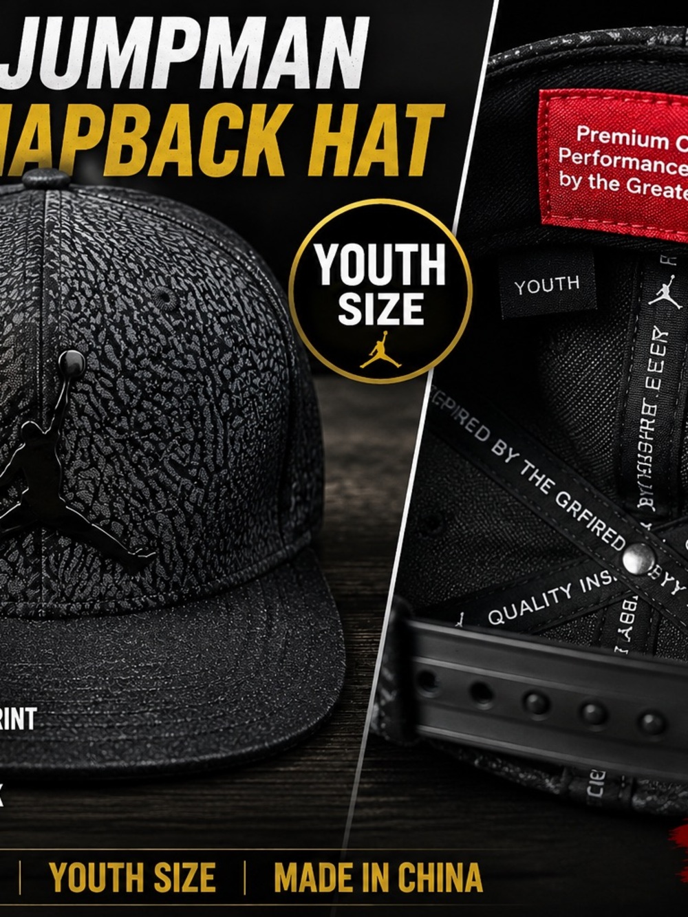 Jump Black Textured Youth Snapback Hat